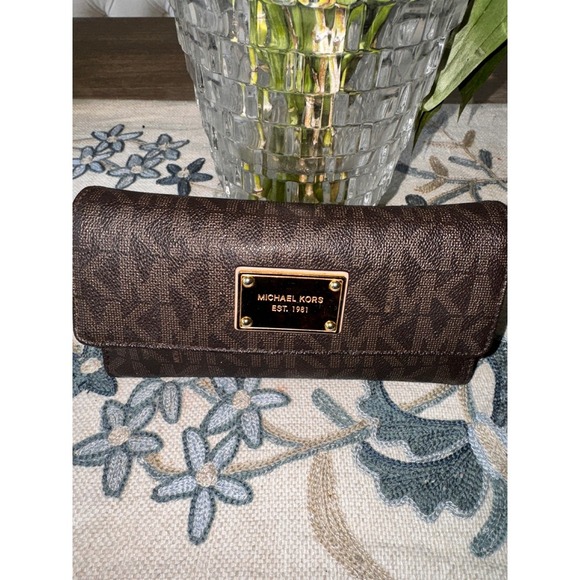 Michael Kors MK Signature Brown Coated Twill Flap Continental Wallet - Picture 5 of 9